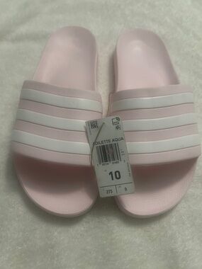 adidas Adilette Aqua Slide Sandals - Pale Pink with White Stripes
